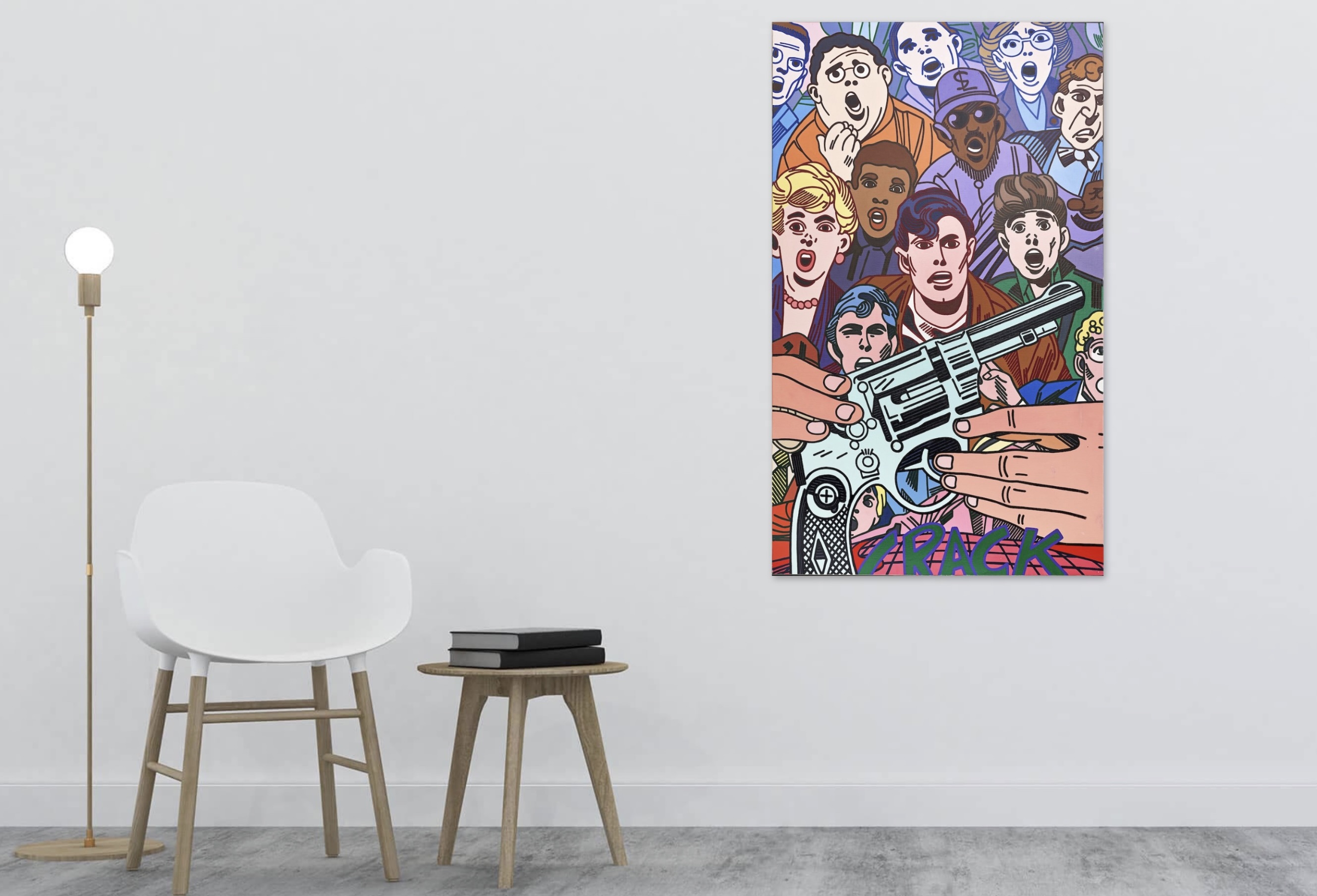 Erró's "The Gun, 1992" painting featuring a dynamic collage of pop culture and political imagery, reflecting themes of violence and power